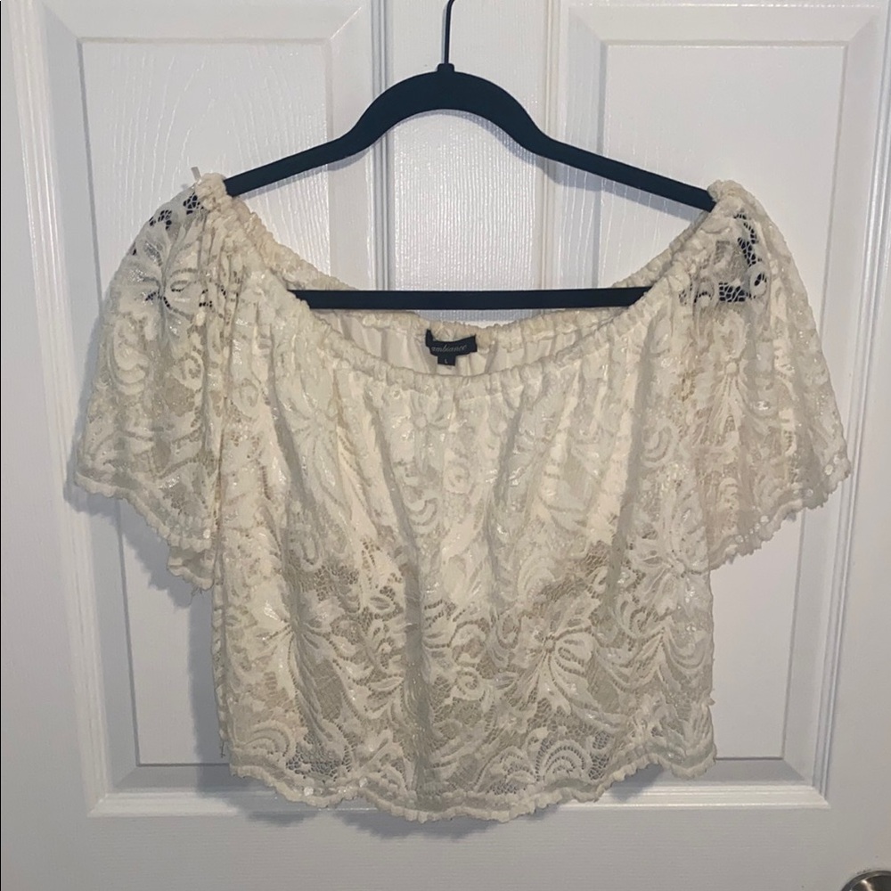 Ambiance Cream Crop Blouse with Ruffled Short Sleeves and Square Neckline